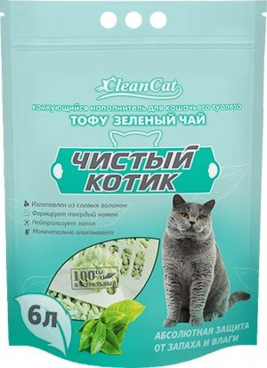 Наполнитель Чистый котик Тофу Зеленый чай, комкующийся (6л)